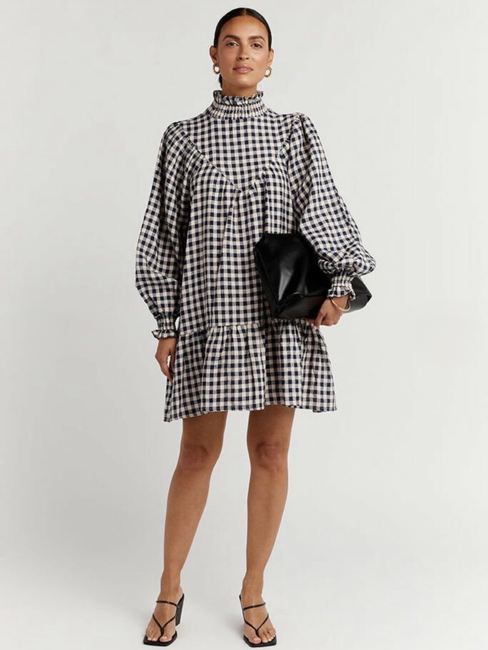 DISSH Navy Gingham High-Neck Long-Sleeve Mini Dress